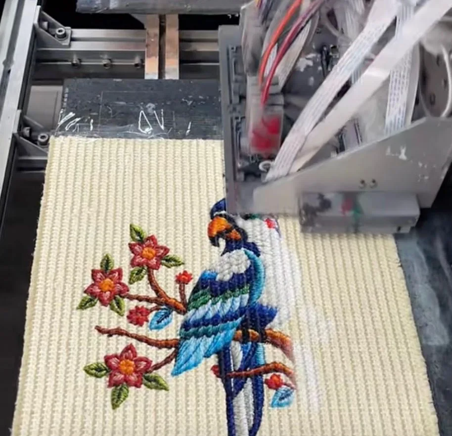 Embroidery machine stitching parrot motif