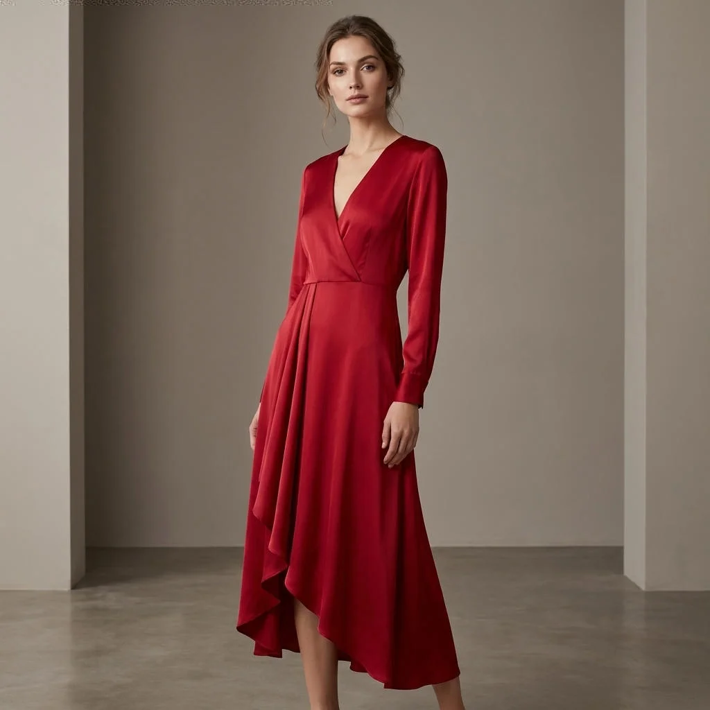 Woman wearing a red satin dress